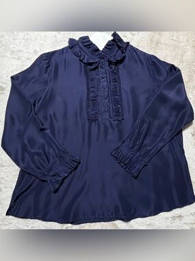 Soft Surroundings 100% Silk Tuxedo Blouse Pleated Ruffled Neck Navy 1X